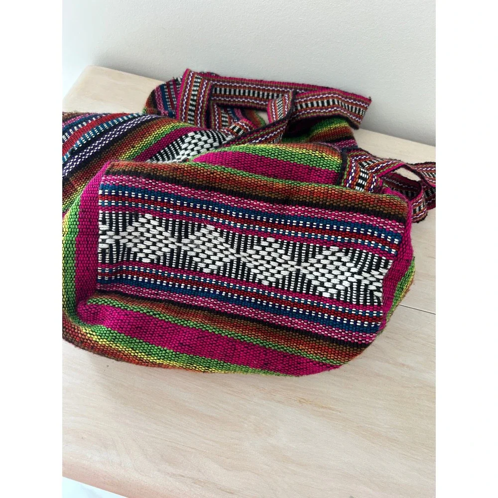 Artesanias Pinzon Woven Boho Backpack Multi Color Striped Drawstring Bag